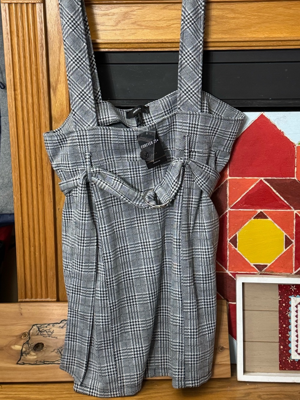 NWT Forever 21 Plus Black & White Plaid Houndstooth Adj Suspender Romper w/Belt